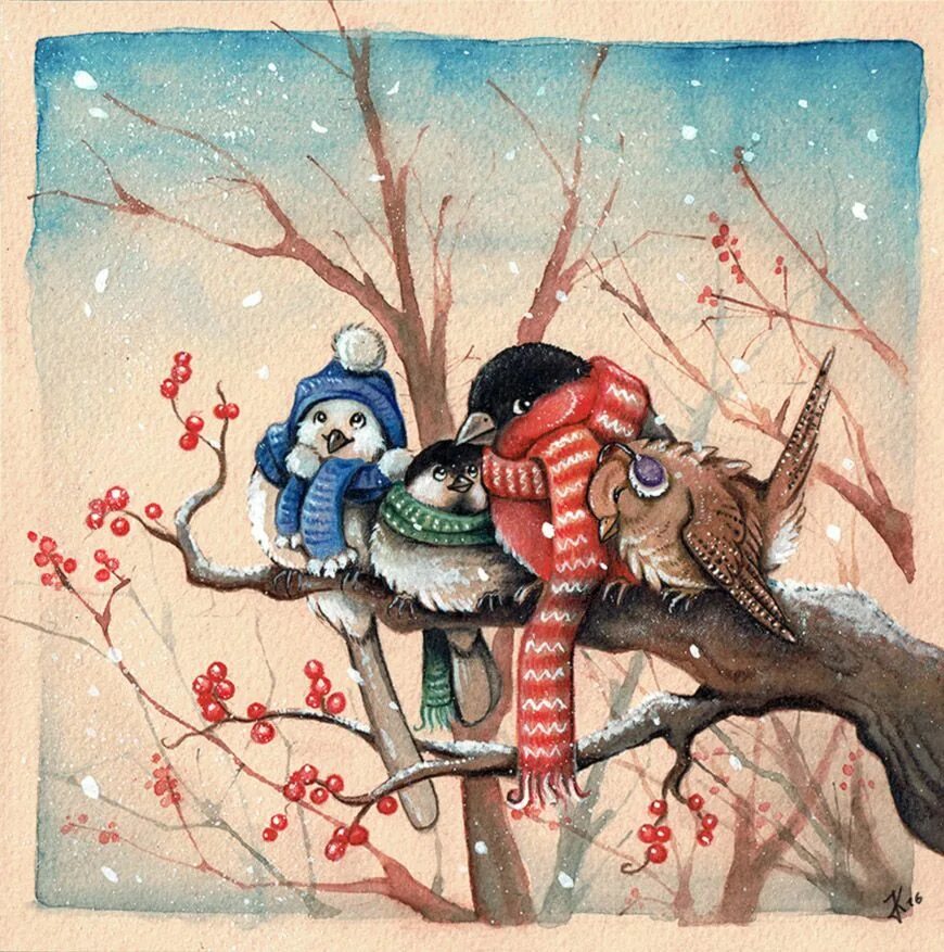 Зимние иллюстрации. Веселые зимние иллюстрации. Птички на ветке новогодние. Сказочные зимние птицы.