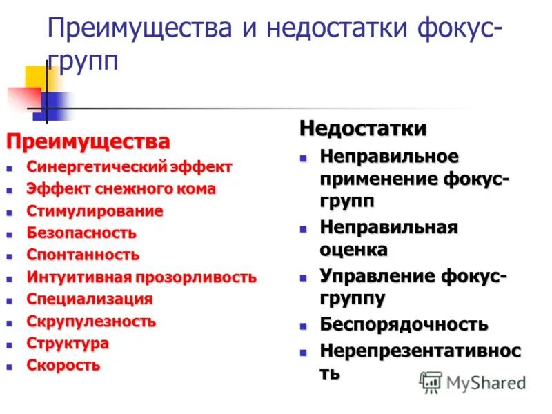 Маркетинговый фокус. Недостатки фокус группы. Преимущества метода фокус группы. Достоинства метода фокус-группы. Плюсы фокус группы.