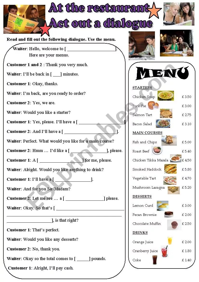 Read and act out the dialogue. At the Restaurant задания. Ordering food Dialogue. At the Restaurant Dialogue for Kids. Worksheets for food Dialogue.