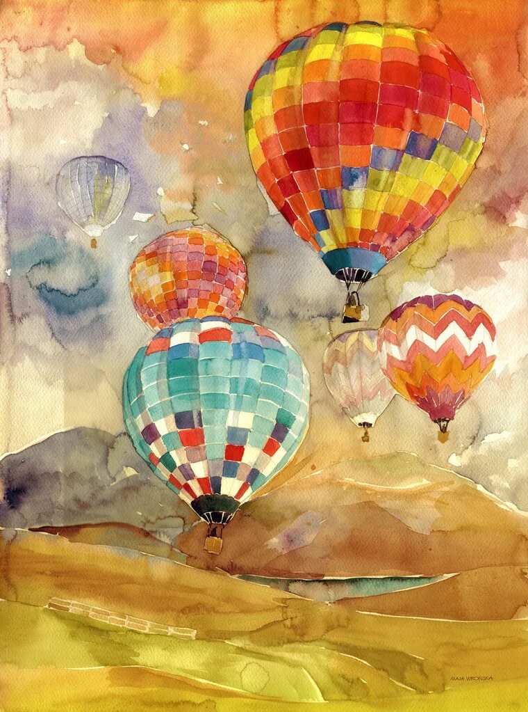 Рисуем воздушными шарами. Воздушные шары Каппадокия акварель. Воздушный шар иллюстрация. Пейзаж с воздушным шаром. Живопись с воздушными шарами.