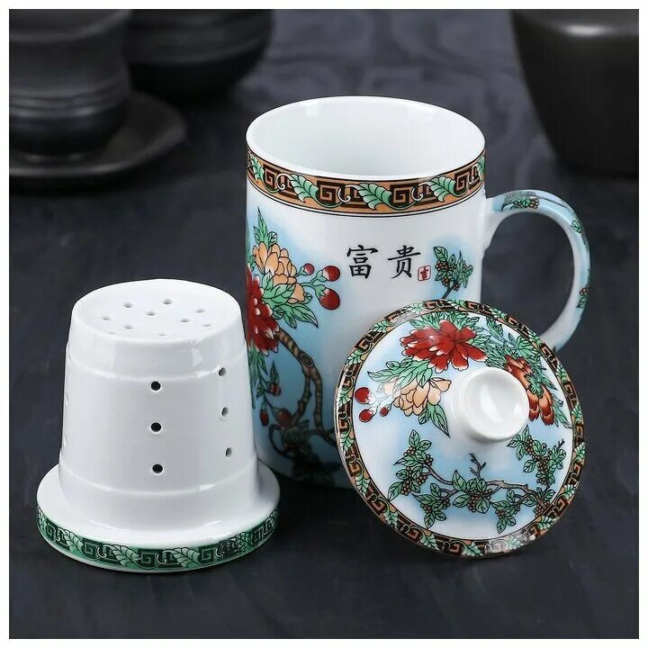 кружка 300 мл, с крышкой и керамическим ситом. кружка керамическая 370мл "птицы в цветах" 323-0230. кружка дива 300 мл с керамическим ситом. чашка с птичками. кружка с керамическим ситечком.