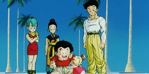 Bulma, Chi-Chi, Yamcha, Krillin, and Maron on the Lookout in Dragon Ball Z....