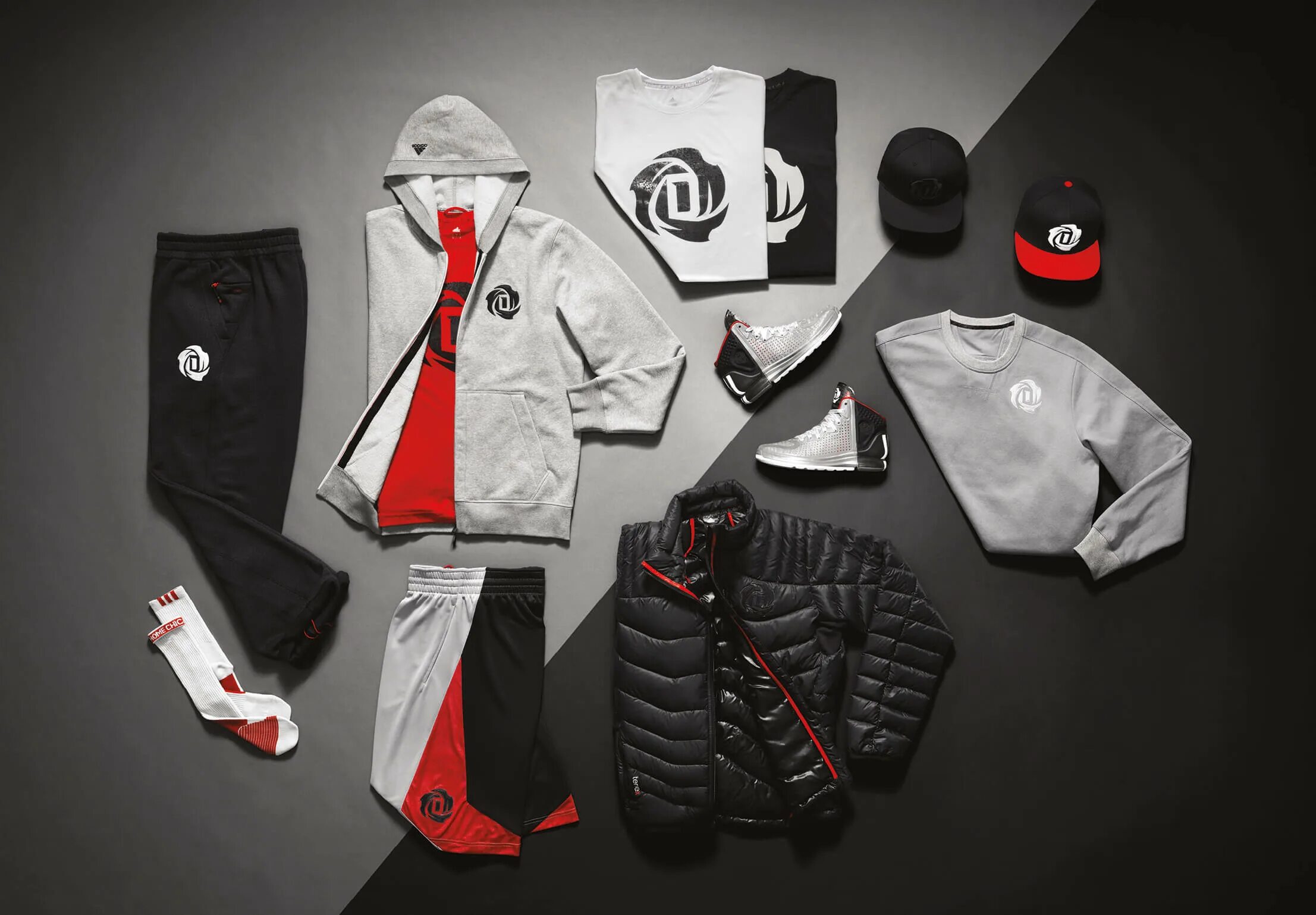 Брендированная одежда. Adidas rose derrick костюм. фирменный стиль спар одежда. фирменный стиль спортивной одежды. композиция из одежды.