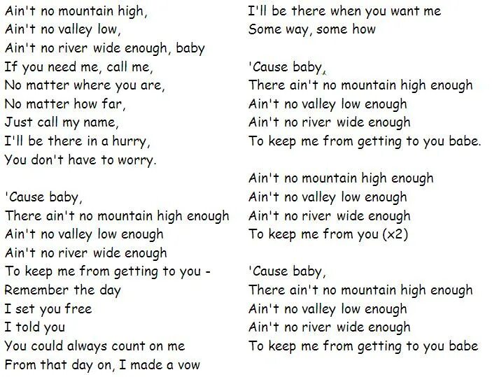 Перевод песни cause. Ain't no Mountain High enough текст. Текст песни Ain't no Mountain High enough. Aint no Mountain High enough перевод. Ain't no Mountain High enough перевод.