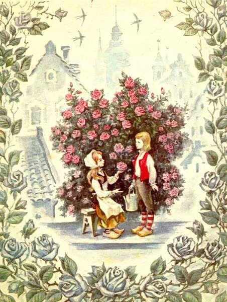 Розовый куст андерсен. Андерсен кай и герда. кай и герда сказка андерсена. кай и герда розы. кай и герда в саду.
