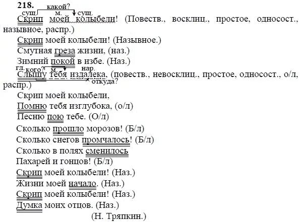 Тест 8 ладыженская класс. Русский язык 8 класс ладыженская номер 218. Ладыженская 8 класс русский язык 218. Скрип моей колыбели синтаксический разбор. Стихотворение скрип моей колыбели.