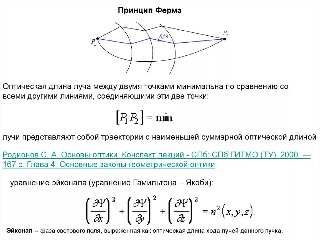 Работа между точками минимальна. Принцип ферма оптическая длина пути. Оптическая длина пути луча света принцип ферма. Принцип ферма в геометрической оптике. Принцип ферма в геометрической оптике формула.