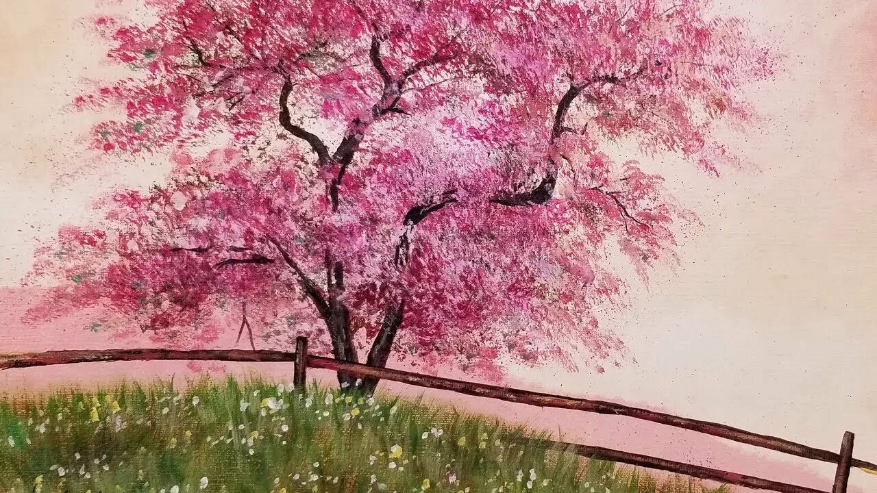 Сакура красками. Сакура черри блоссом дерево. Пуантилизм Сакура. Сакура картина. Цветущее дерево акварель.