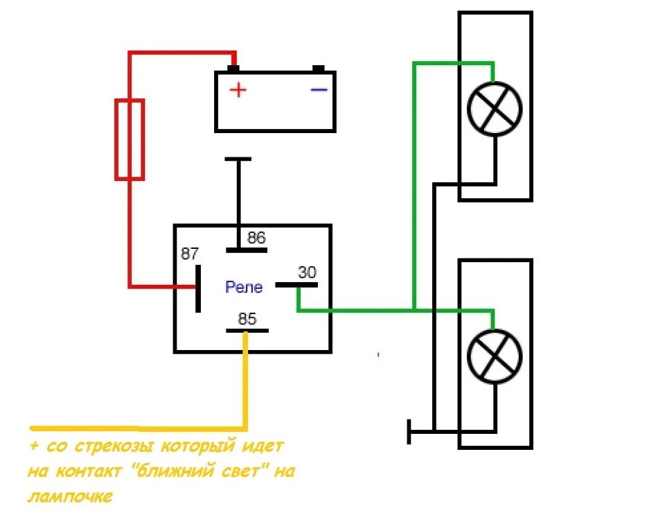 Схема подключения реле фар ближнего света. Схема подключения дополнительного реле ближнего света. Схема подключения доп света через реле реле. Схема подключения реле света ближнего света. Как подключить дальний ближний свет