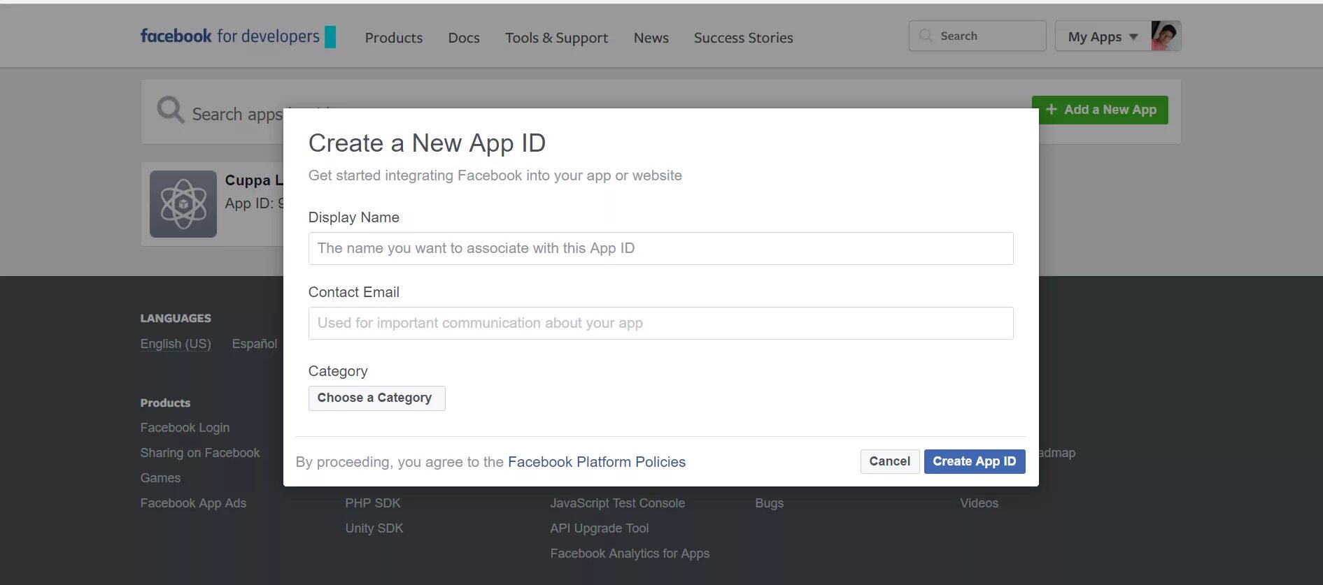 Facebook developers. Facebook platform. Dev Facebook. Create New application.