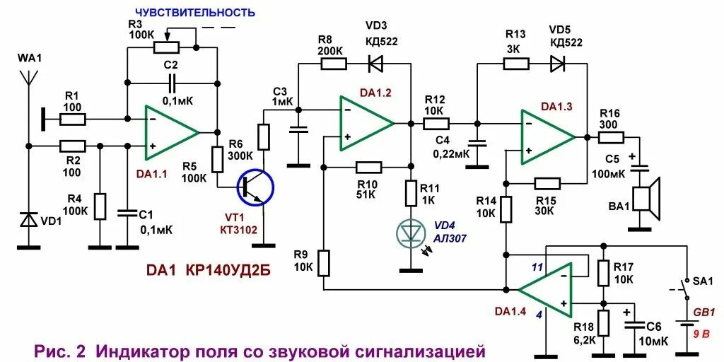 Прибор обнаружения поля. Широкополосный СВЧ детектор обнаружитель схема.. Индикатор поля на операционном усилителе уд1208. Детектор СВЧ излучения схема. Индикатор ВЧ/СВЧ электромагнитного поля с усилителем.