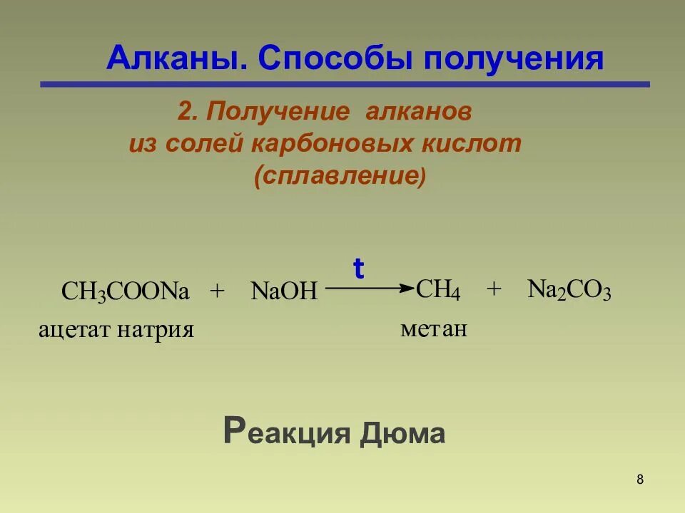 Синтез алкана. Способы получения алканов из солей карбоновых кислот. Реакция Дюма алканы. Лабораторные методы получения алканов. Способы получкнияалканов.