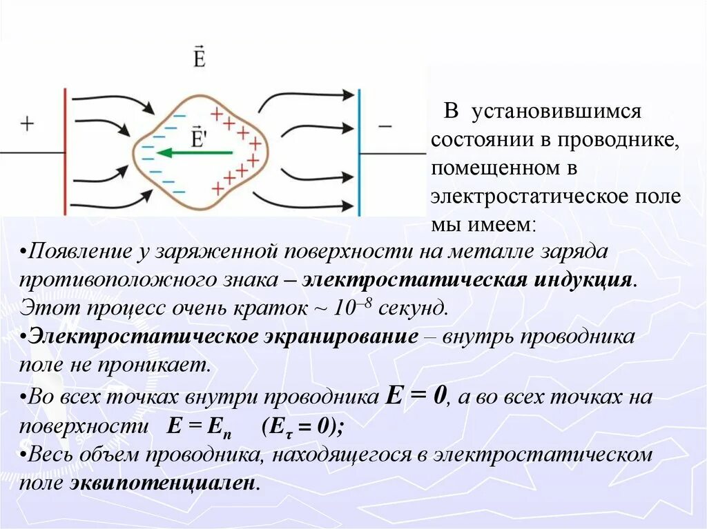 Весь статический заряд проводника сосредоточен на его. Электростатическая индукция проводника. Электростатистическая индукция проводников. Проводники в электрическом поле напряженность электрического поля. Проводник во внешнем электростатическом поле поле.