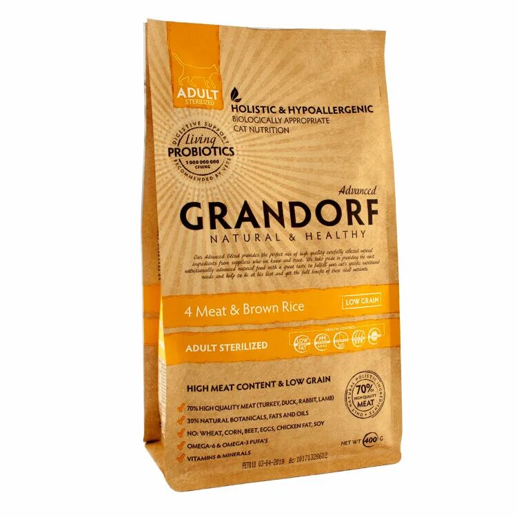 Грандорф 4 мяса для кошек стерилизованных. Grandorf 4 meat Brown Rice Sterilized. Grandorf Cat 4meat Indoor Probiotic корм д/кошек, 4вида мяса. Grandorf для кошек стерилизованных 4 мяса