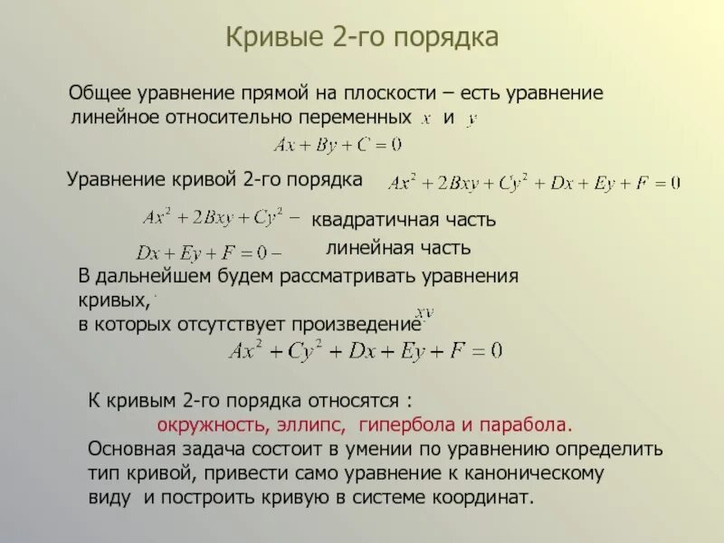 Найти кривые второго порядка. Уравнение прямой в общем виде. Уравнения кривых. Уравнение Кривой второго порядка. Общее уравнение прямой на плоскости.