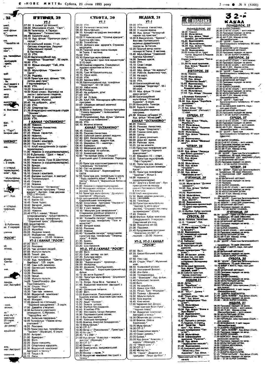 Передача 1993. Программа 1993. Телепрограмма за 1993 год. 25 Июля 1993 программа. Канал прем'єра программа.