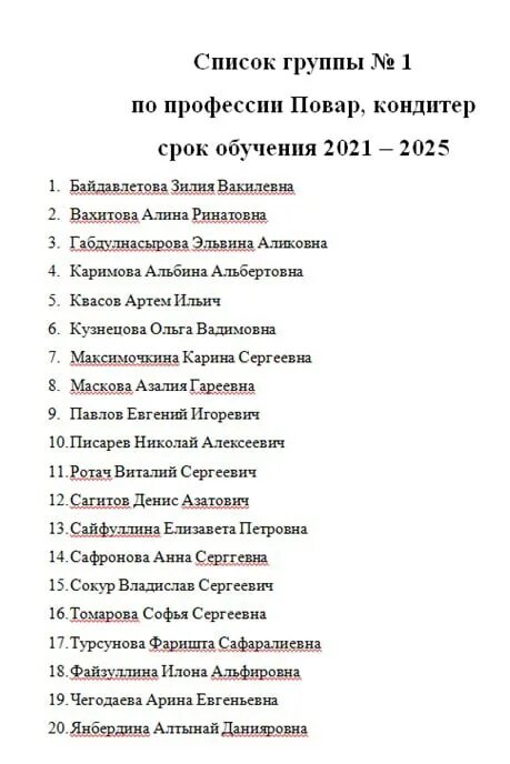 Список студентов. Список студентов 1 курса. Список студентов поступивших. Список первокурсников.