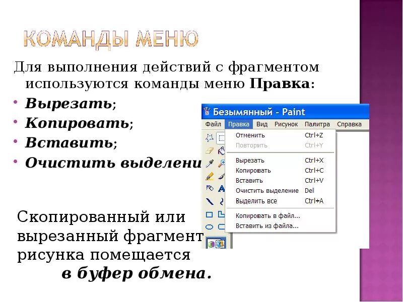 Меню правка. Команда меню правка. Действие с фрагментом. Используйте команды меню правка. Скопировать используемый файл