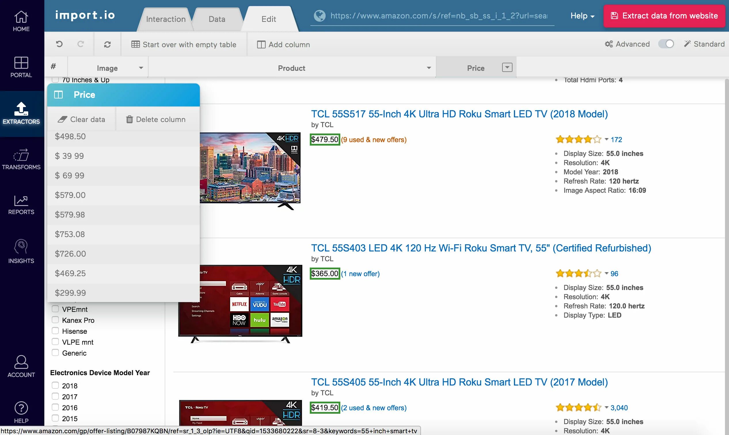 Website import. Интерфейс import io. import.io. import io example results.