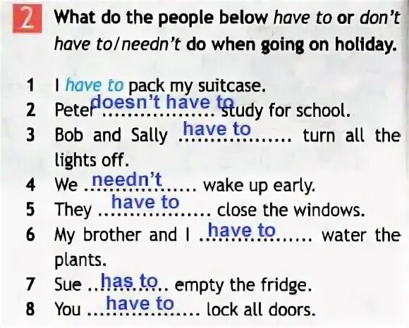 What do the people below have. What do the people below have to or don't have to/needn't do when going on Holiday.. Have to don't have to needn't. Complete the sentences with have to or dont have to. Don't have to neednt.
