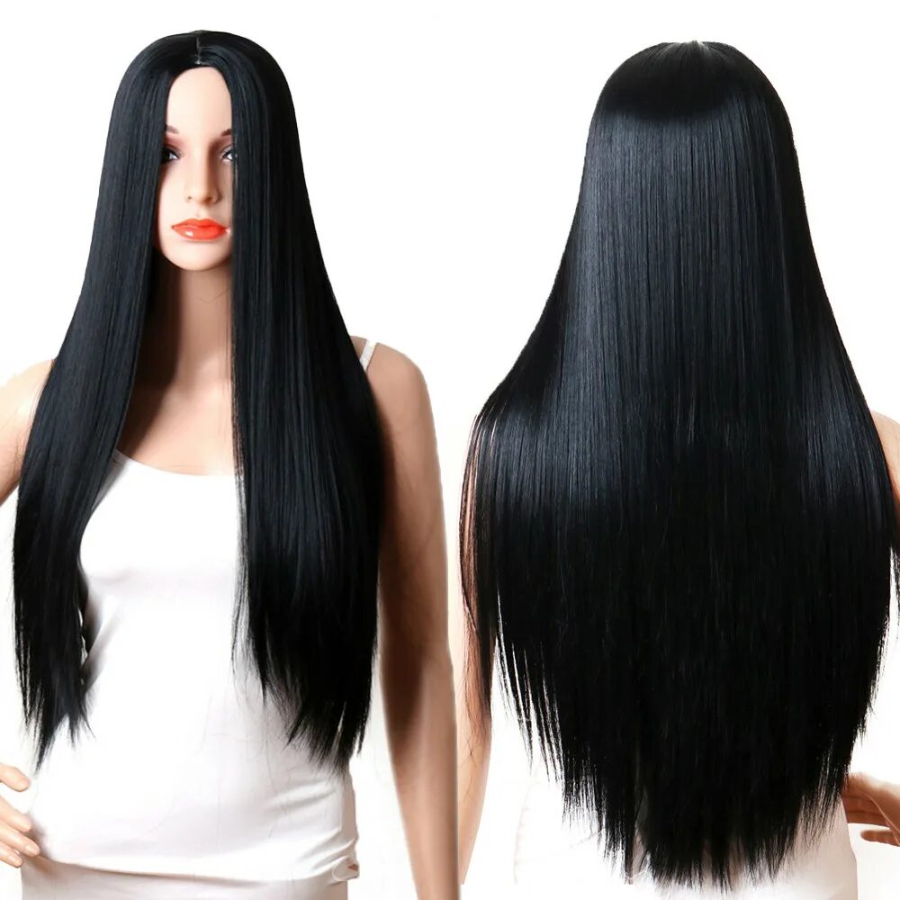 Парик черный длинный. Чёрный парик длинные волосы. Чёрный парик прямые волосы. Подик длинный.