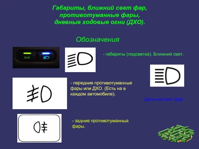 Обозначение дневных ходовых огней на панели прибора автомобиля. Включение передних противотуманных фар значок. Обозначение ближнего света фар. Дневные ходовые огни как обозначаются.