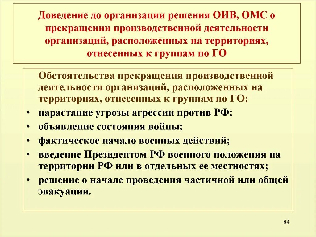 Решение организация. Задачи го. ОИВ И ОМСУ. Доведение решения. Условие прекращения производственной деятельности..