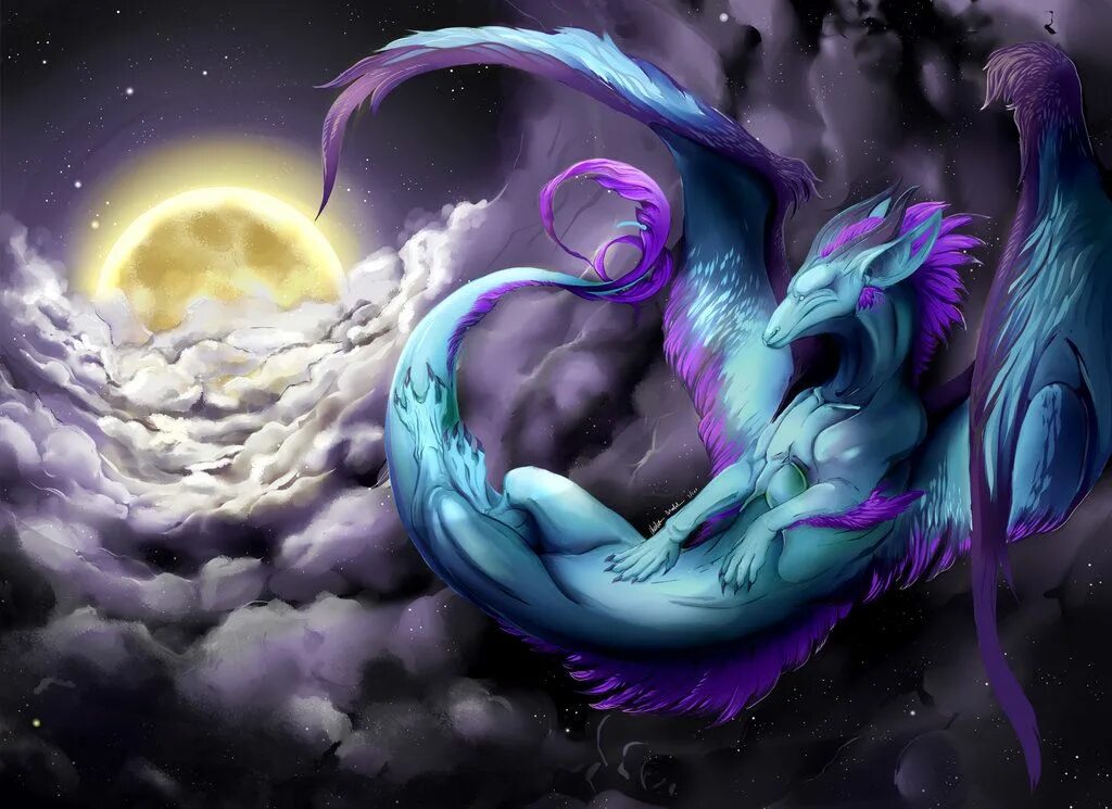 Дракон Луны. Дракон полнолуния. Фиолетовый дракон Луна. Дракон под луной.