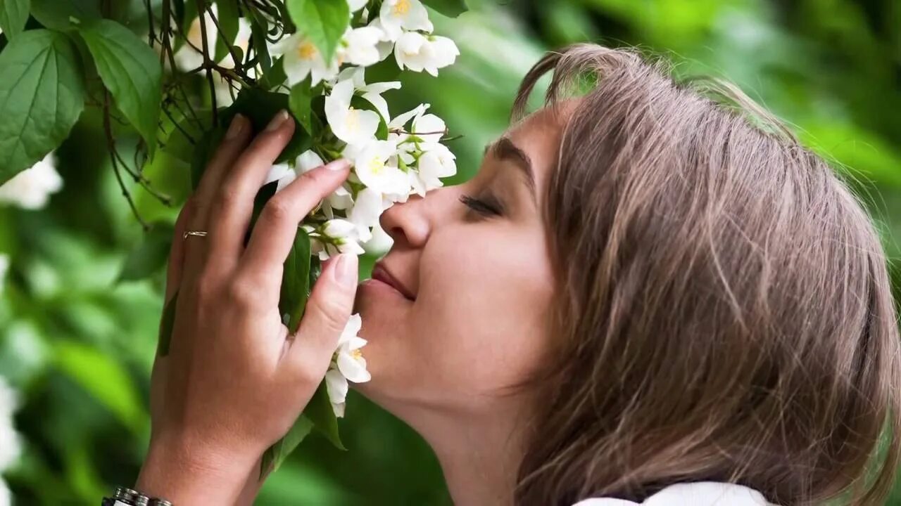Пахнущие цветы. Девушка нюхает цветы. Вдыхает запах. Аромат цветущих дней