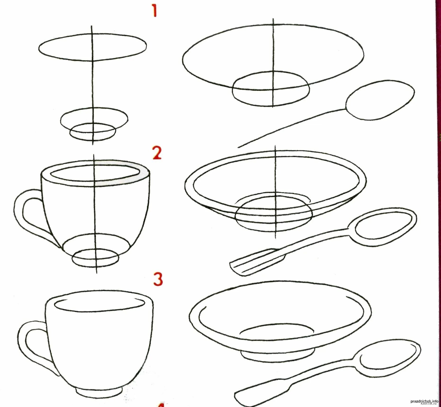 Алгоритм рисования посуды для детей. Посуда по рисованию для дошкольников. Схема рисования посуды для детей. Пошаговое рисование для дошкольников.