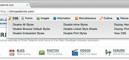 Browser style. Web developer toolbar. developer toolbar увеличить\. опция css disable all styles.