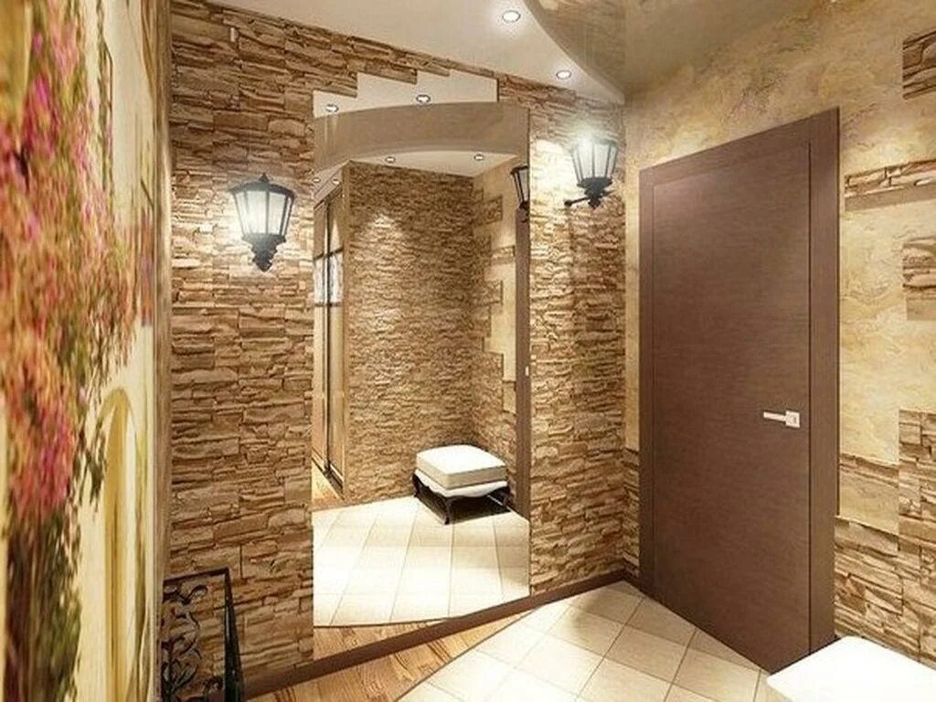 Отделка зеркала декоративным камнем в прихожей. Декоративный камень на стену в прихожую. Отделка коридора искусственным камнем. Отделка камнем в коридоре. Отделка камнем в коридоре.