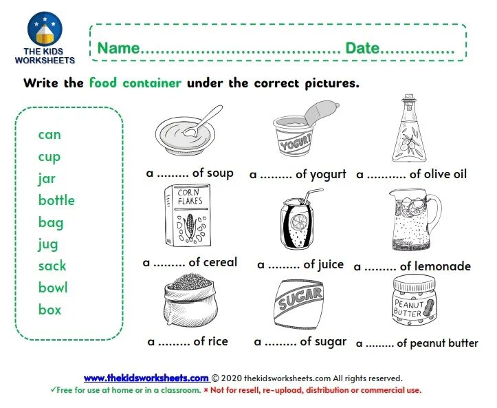 Задания на Containers. Задания на тему food. Worksheets английский food. Food Vocabulary for Kids Worksheets.