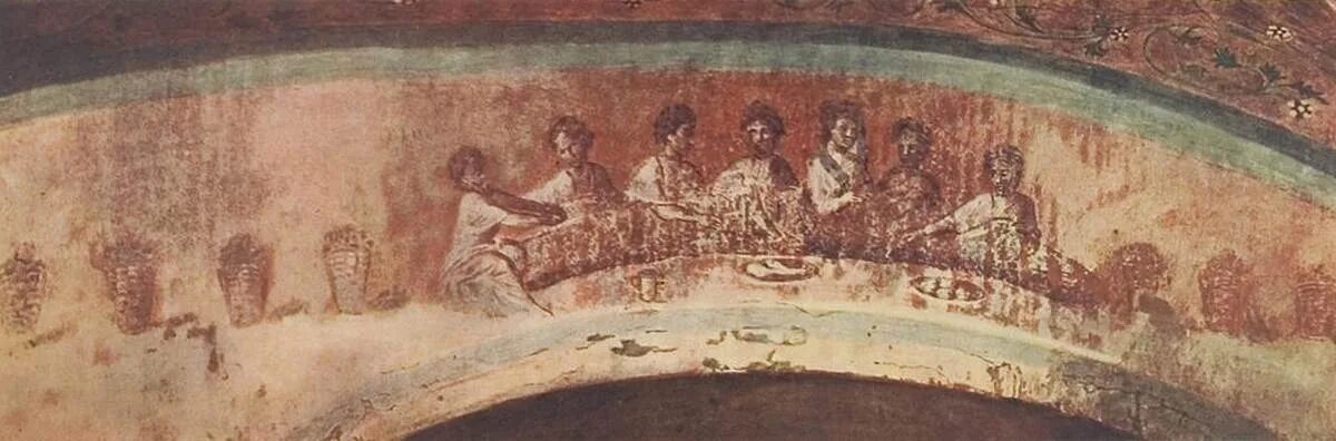 Рассматривая фрески почерневшие от времени. Евхаристия катакомбы Присциллы. Римские катакомбы Присциллы. Тайная вечеря катакомбы Присциллы. Катакомбы Присциллы фрески.