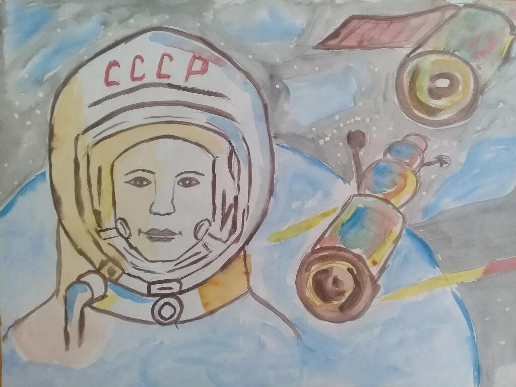 Детские годы гагарина рисунок. Рисунок ко Дню космонавтики. Рисунок Гагарина. Рисунок на тему космос Гагарин. Детский рисунок Юрия Гагарина.
