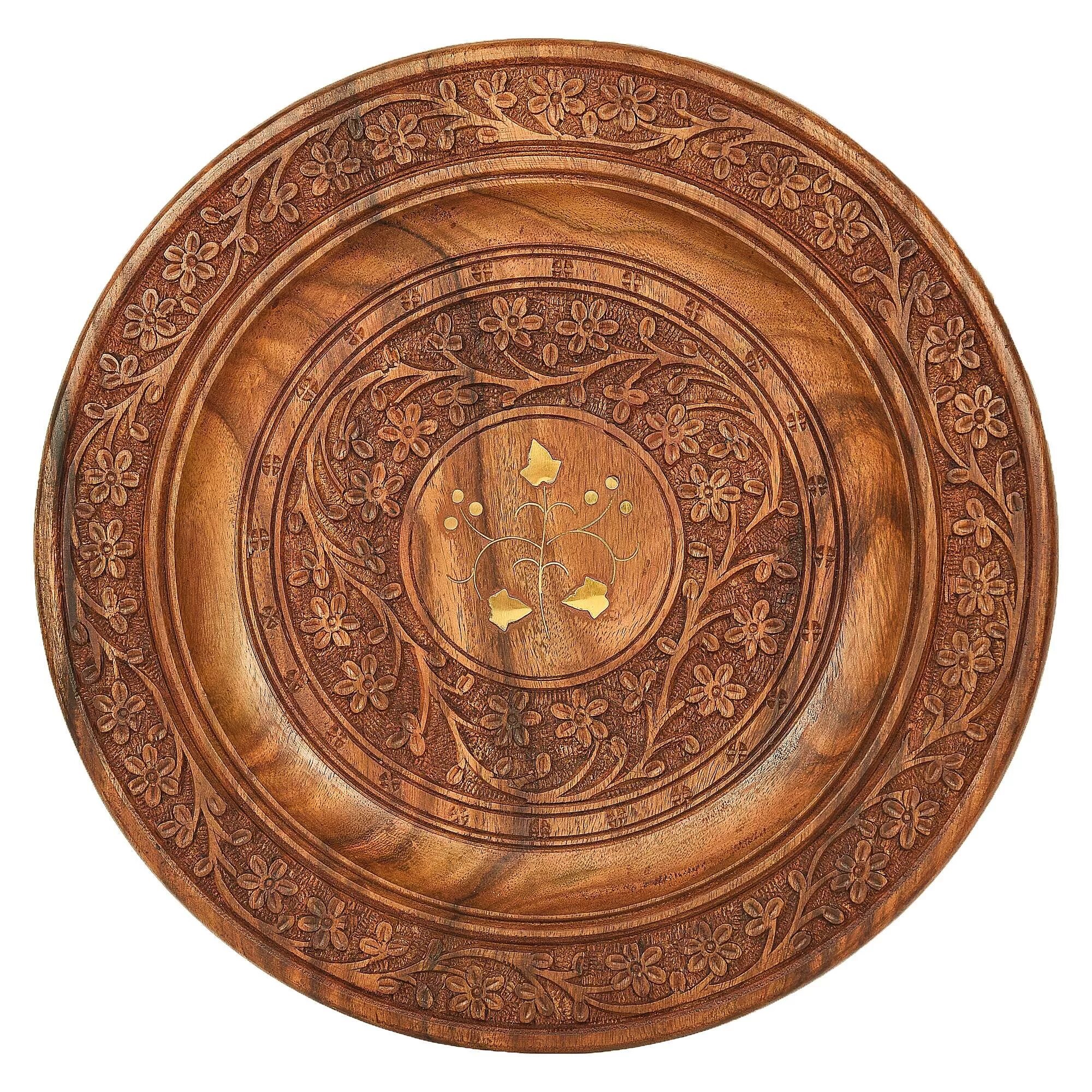 Деревянная круглая миска. Round Wooden Plate. Тарелка рыбы коричневая. Зарядные тарелки.