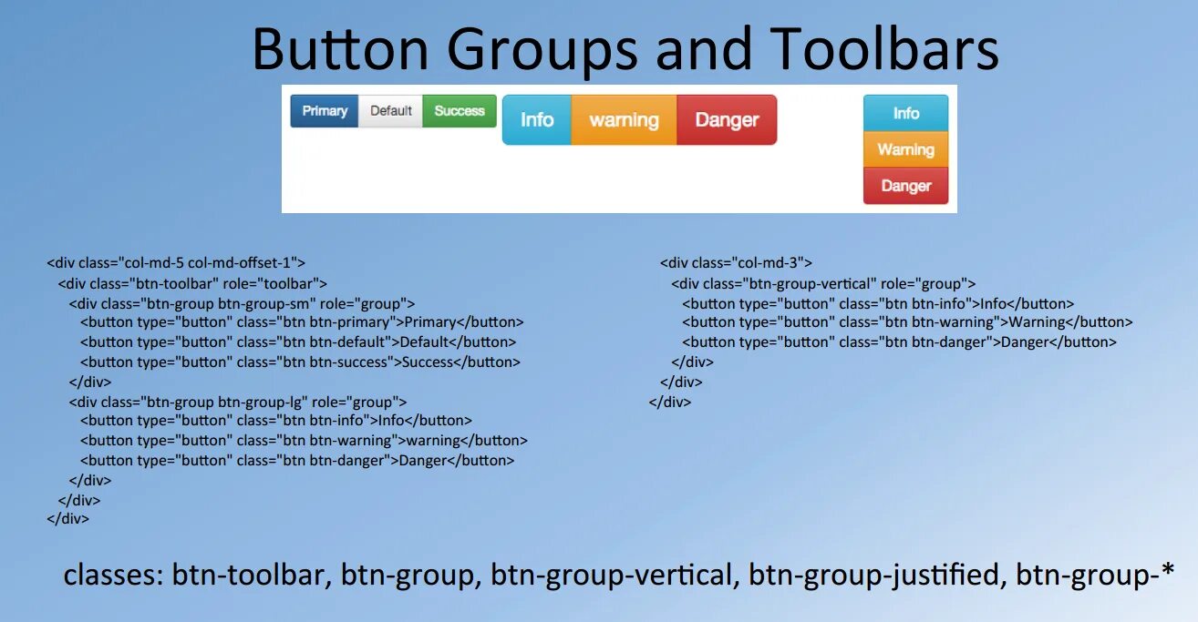 Button class btn. Class=&quot;btn btn-success&quot;. class=&quot;col-xs-3&quot;. class=&quot;btn btn-. btn btn-primary.