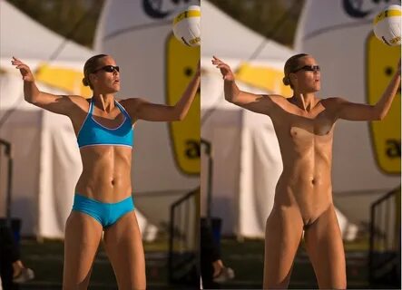 Naked women playing volleyball