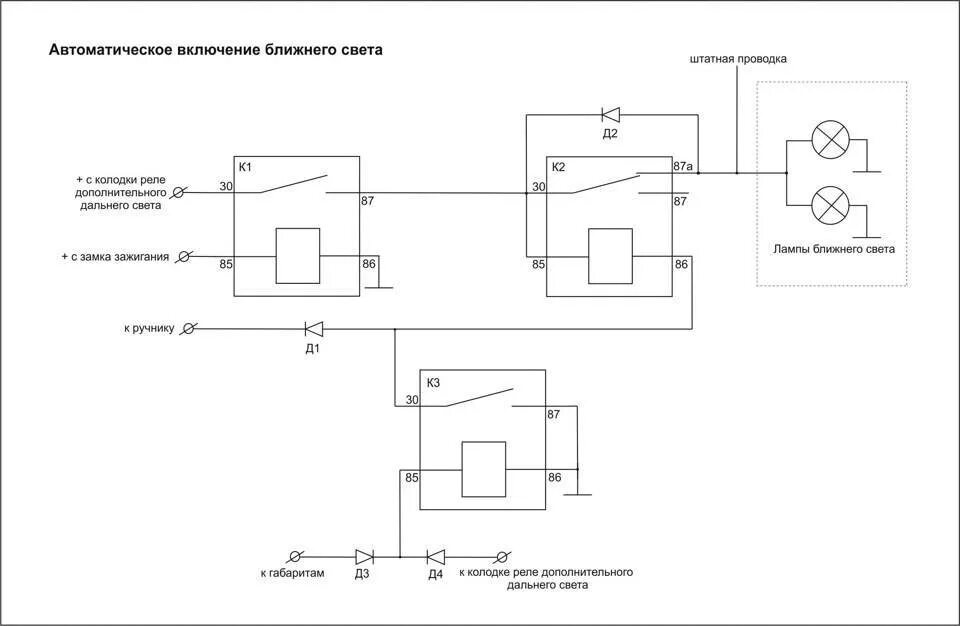 Схема автоматического включения ближнего света фар на реле. Автоматическое включение ближнего света фар схема. Схема реле автоматического включения света. Схема автоматического подключения ближнего света фар. При включение света машина