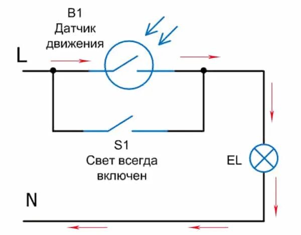 Почему моргает свет при включении. Схема подключения 3 датчиков движения на лампочку. Датчик движения обозначение на схеме. Датчик движения для включения света схема. Как рисуется датчик движения в схеме.