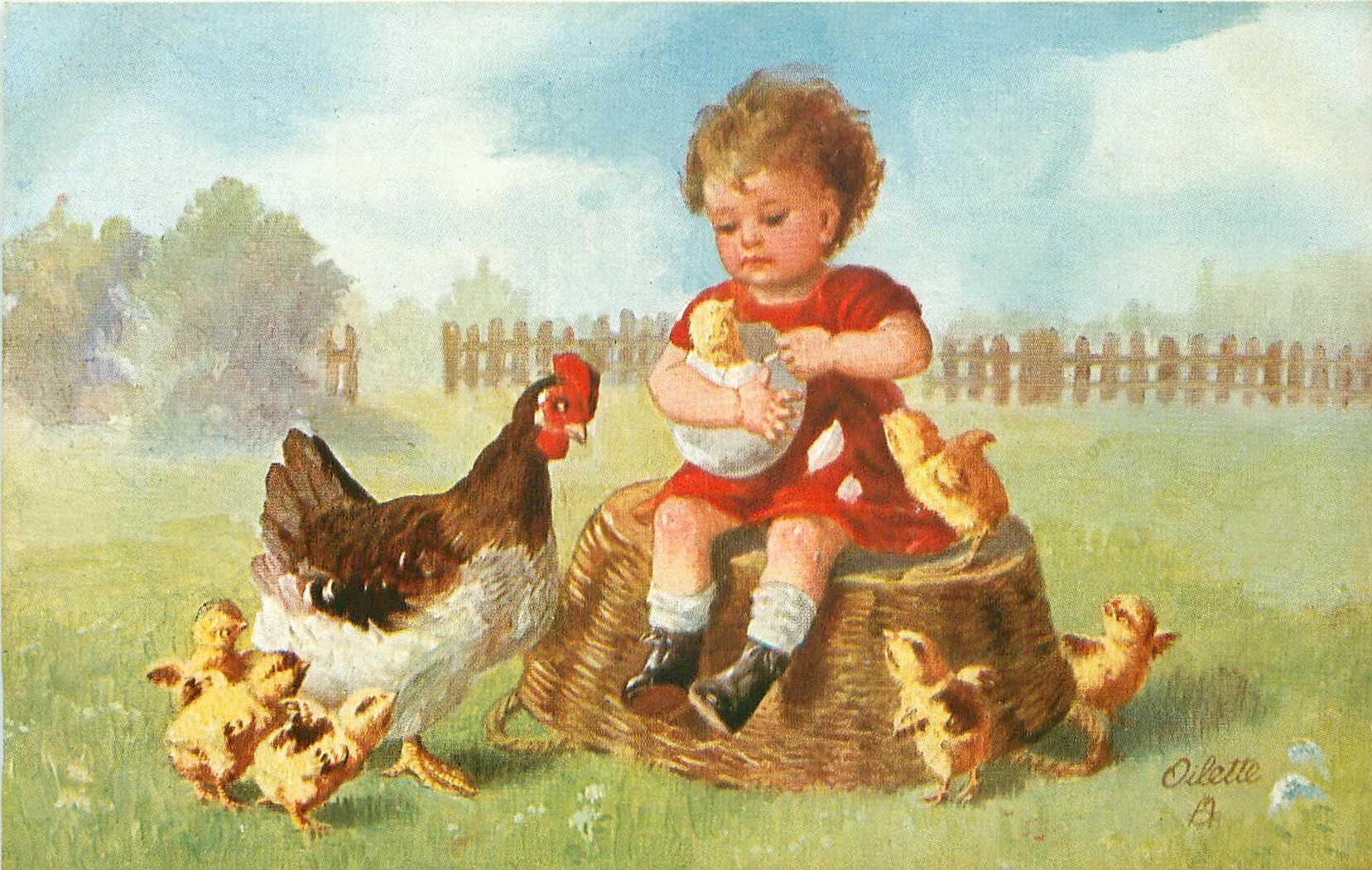 Картина дети кормят курицу и цыплят. Цыплята живопись. Пасхальные сюжеты в живописи. Открытки с курочками. Цыплята живопись для детей.