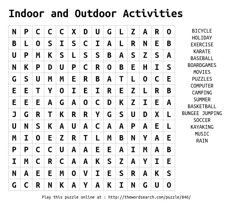 Activities Wordsearch. Sports and activities Wordsearch. Summer activities Wordsearch.