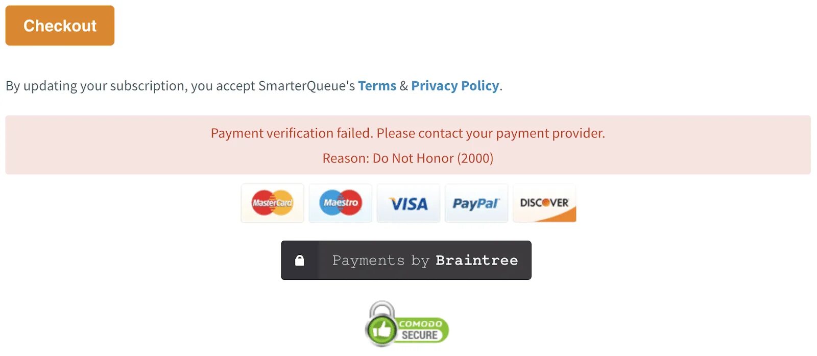 Failed to authorize. Payment Error. PAYPAL transaction fail. Visa payment Error. Payment failed.