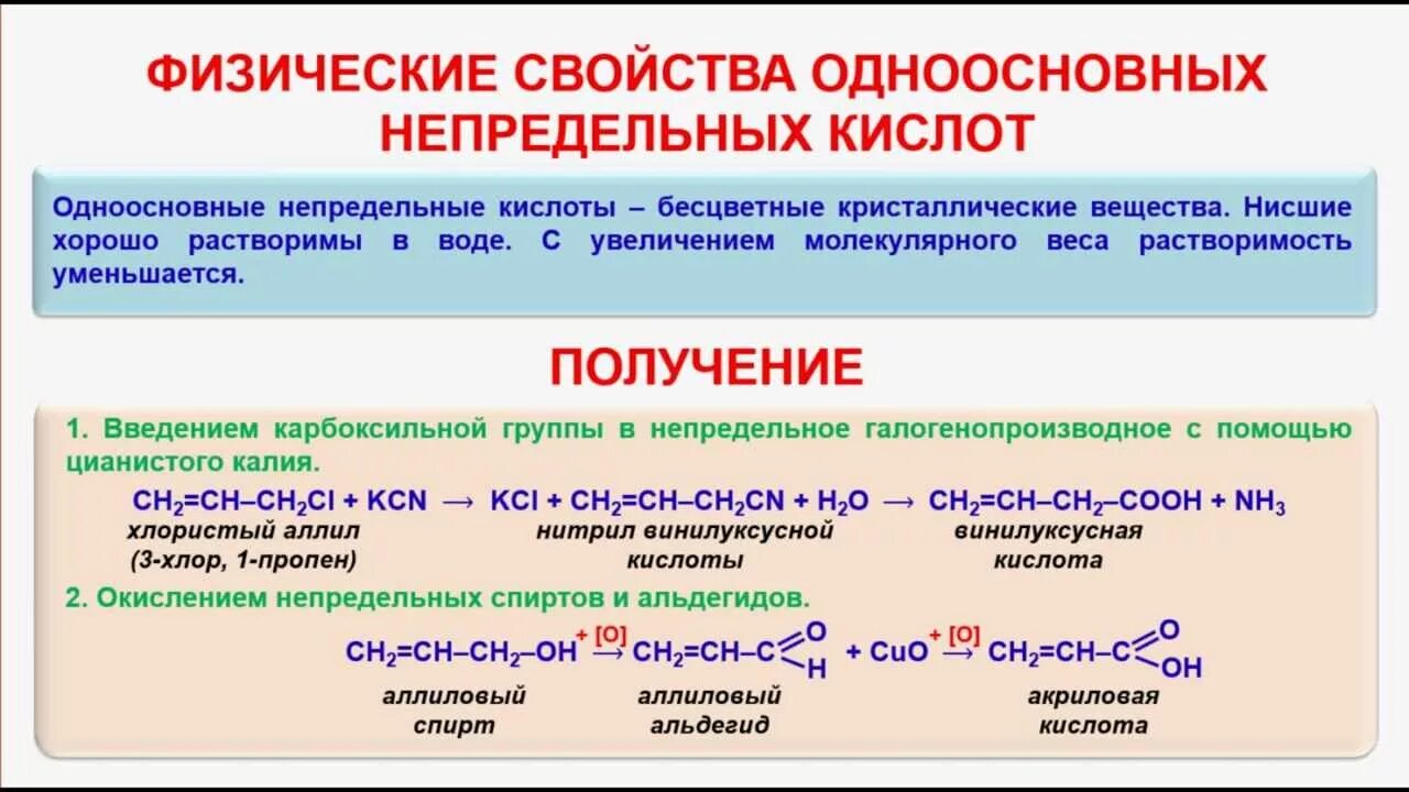 Получение одноосновных кислот. Непредельные карбоновые кислоты химические свойства. Химические свойства непредельных органических кислот. Химические свойства непредельных одноосновных карбоновых кислот. Химические свойства одноосновных карбоновых кислот.