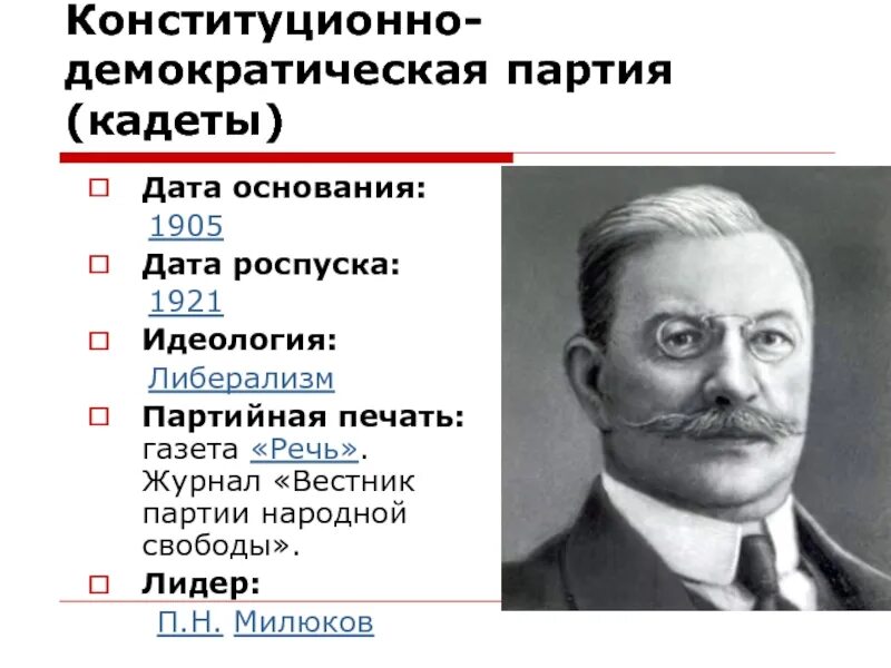 Кадеты какая партия. Лидер партии кадетов 1905. Конституционно-Демократическая партия кадеты 1905. Партия кадетов 1905-1917. Глава кадетов 1905.