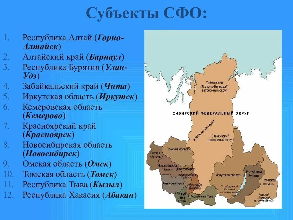 Какие республики входят в сибирь. Сибирский федеральный округ федеральные округа Российской Федерации. Субъекты Сибирского федерального округа. Сибирский федеральный округ на карте. Карта Сибирского федерального округа.