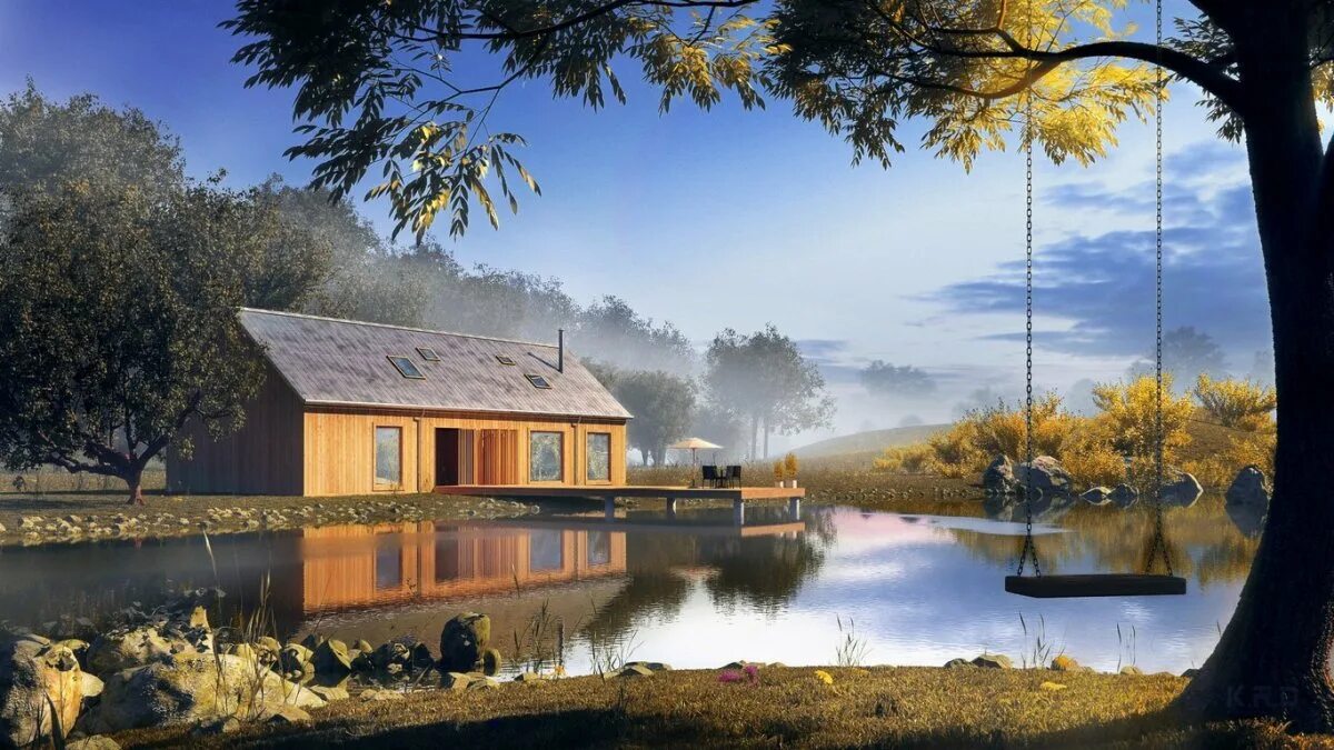 Деревянный дом пейзаж. Стилхаус-Лейк штат Теннесси озеро. Дом у озера (США, 2006). Дом Гилбертов у озера.