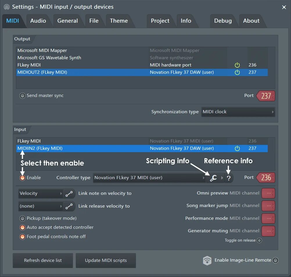 Midi setup. Midi output. master send option.