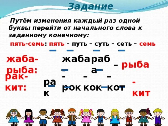 Каждое изменение слово. Цепочка слов с изменением одной буквы. Переход одной буквы в другую.