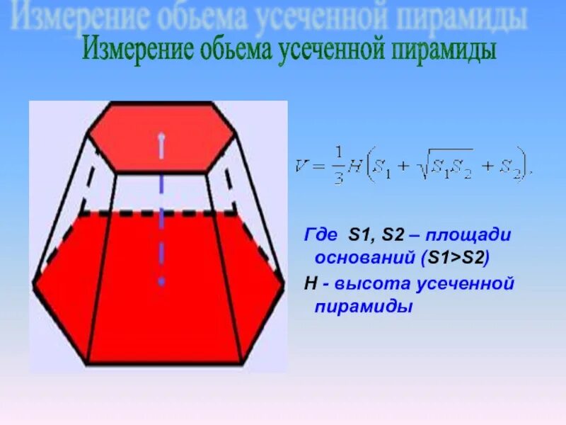 Усеченная пирамида геометрия 10 класс. Высота усечённой пирамиды. Усеченная пирамида высота. Высоту усетчатой пирамиды. Измерение объема усеченной пирамиды.